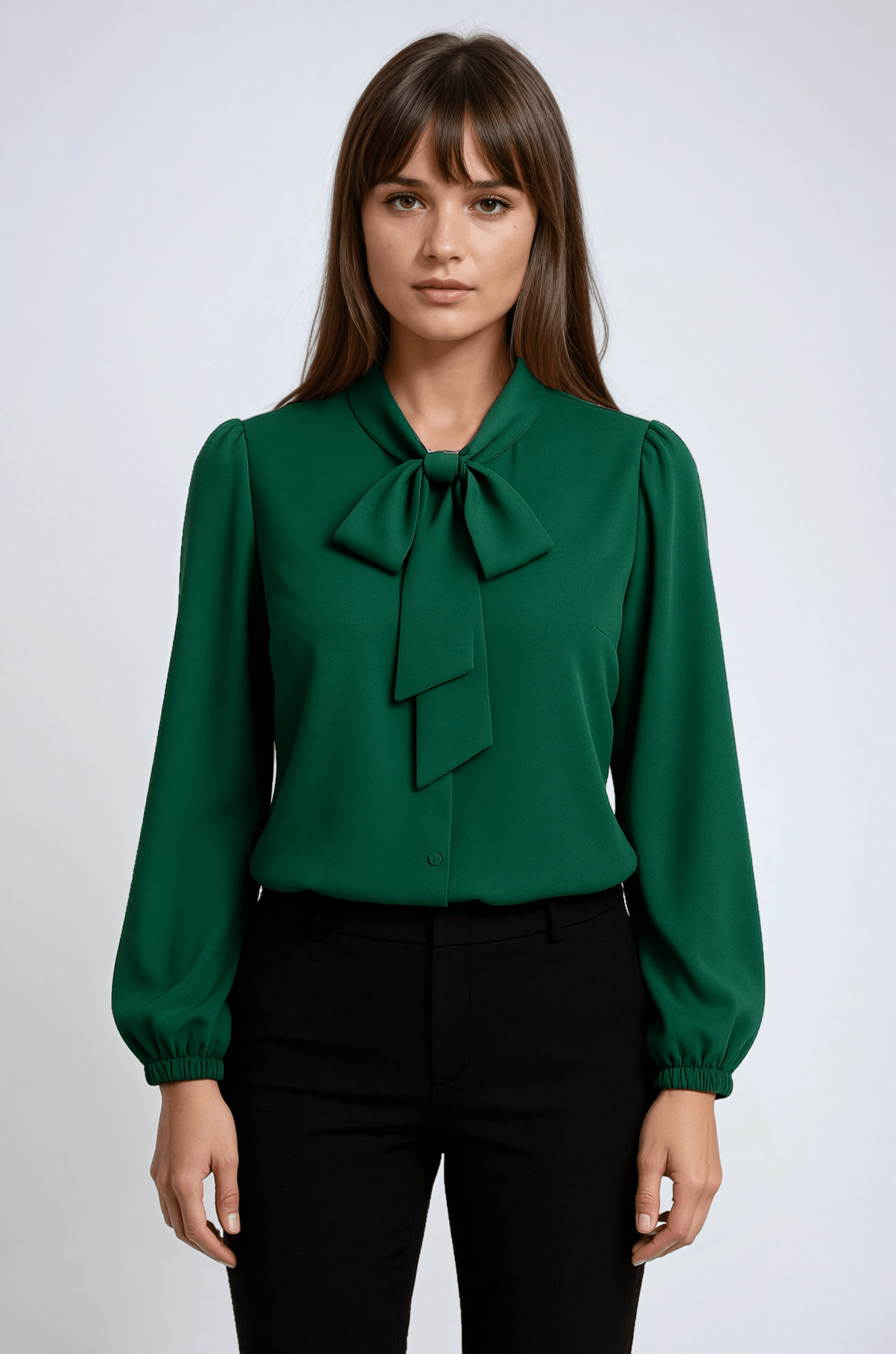 Women's Blouse — Fitted Long Sleeve Bow Neckline Ruched Cuffs - Hudson Harper - Women Blouse