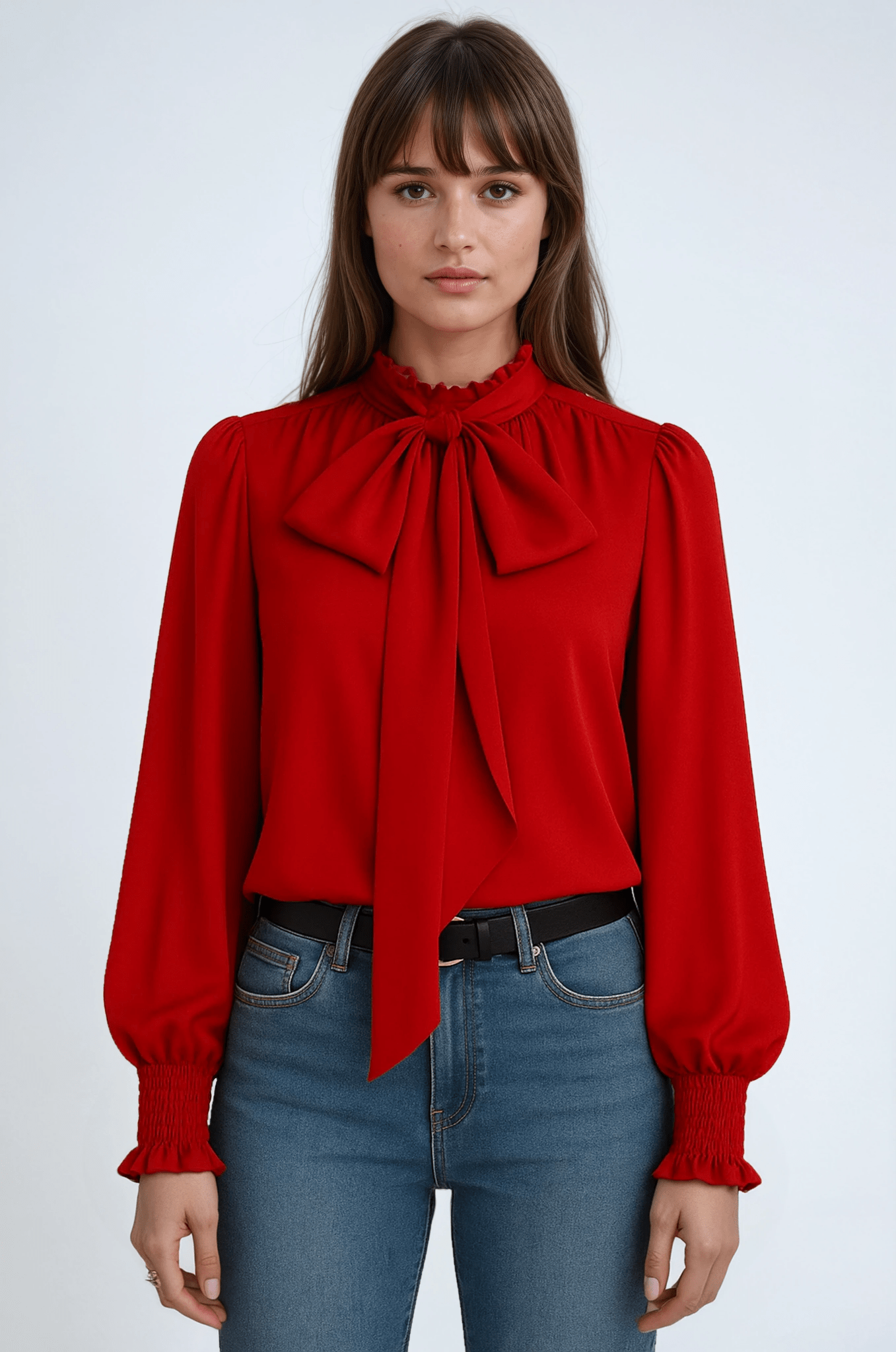 Women's Blouse — Long Sleeve Tie Neck Gathered Sleeves - Hudson Harper - Women Blouse