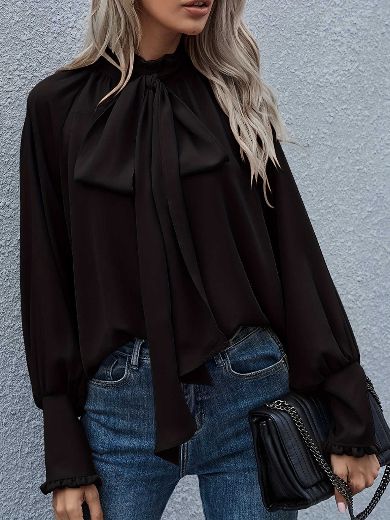 Women's Blouse — Long Sleeve Tie Neck Gathered Sleeves - Hudson Harper - Women Blouse