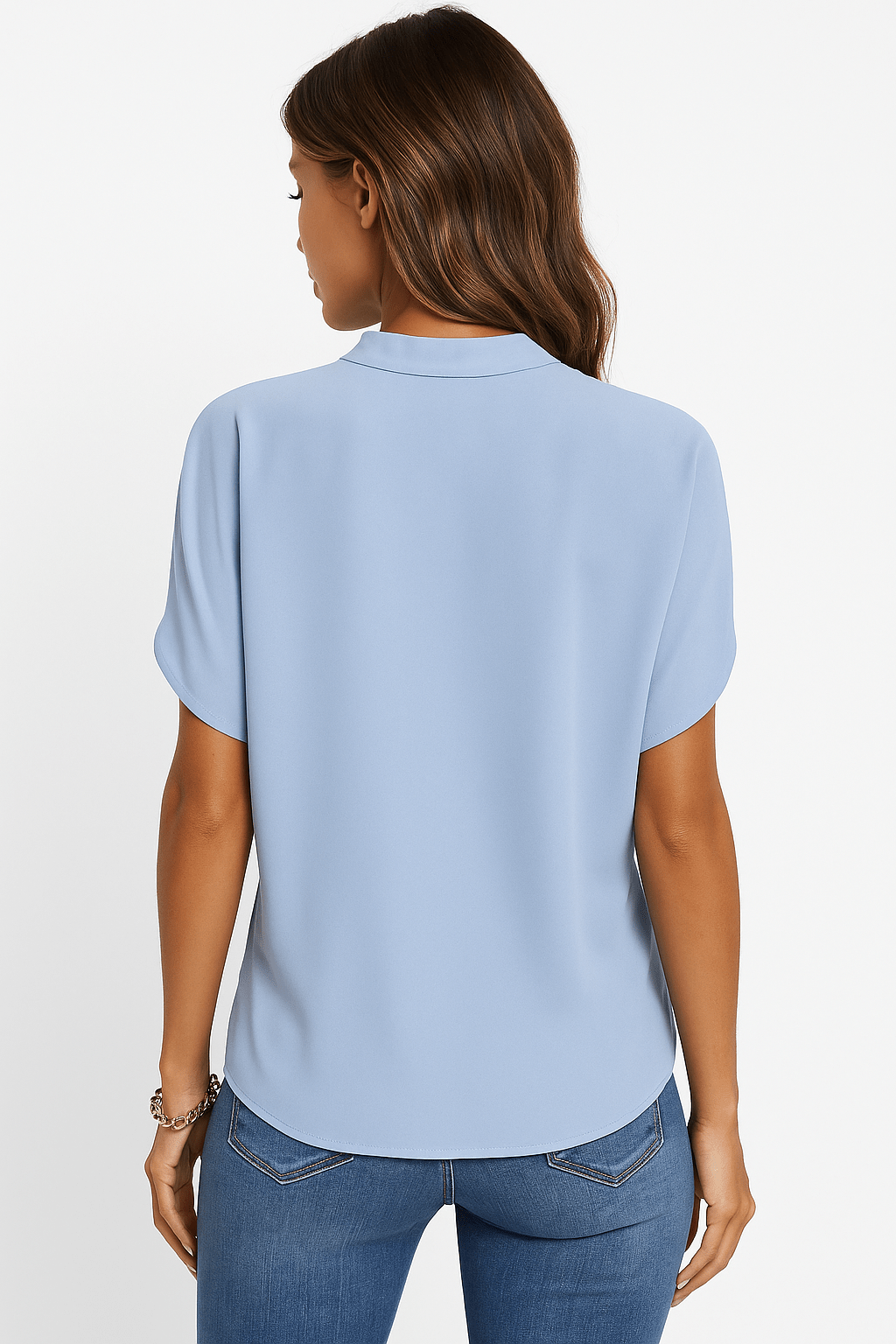 Women's Blouse — V - Neck Mandarin Collar Neckline Detail - Hudson Harper - Women Blouse