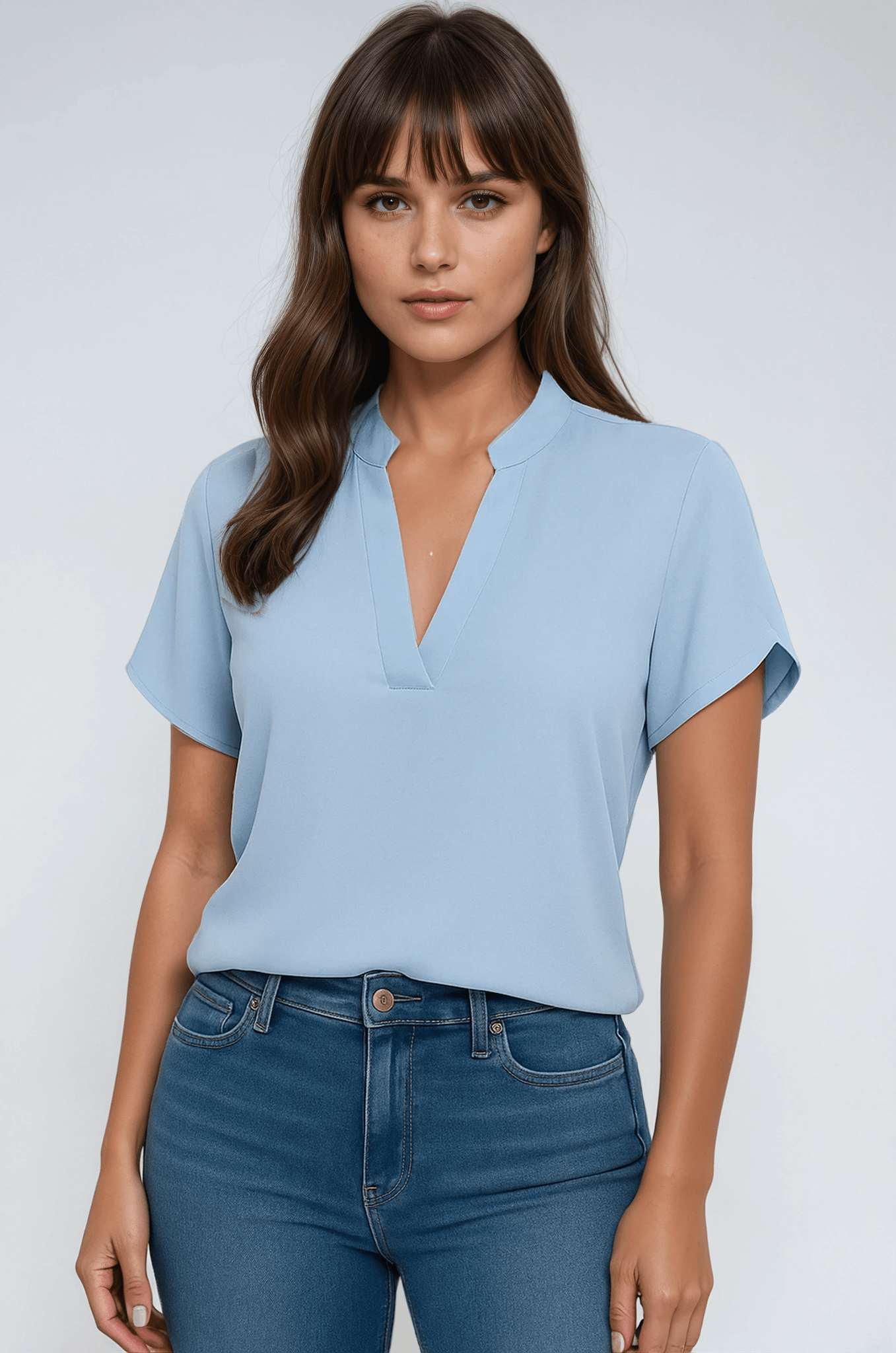 Women's Blouse — V - Neck Mandarin Collar Neckline Detail - Hudson Harper - Women Blouse