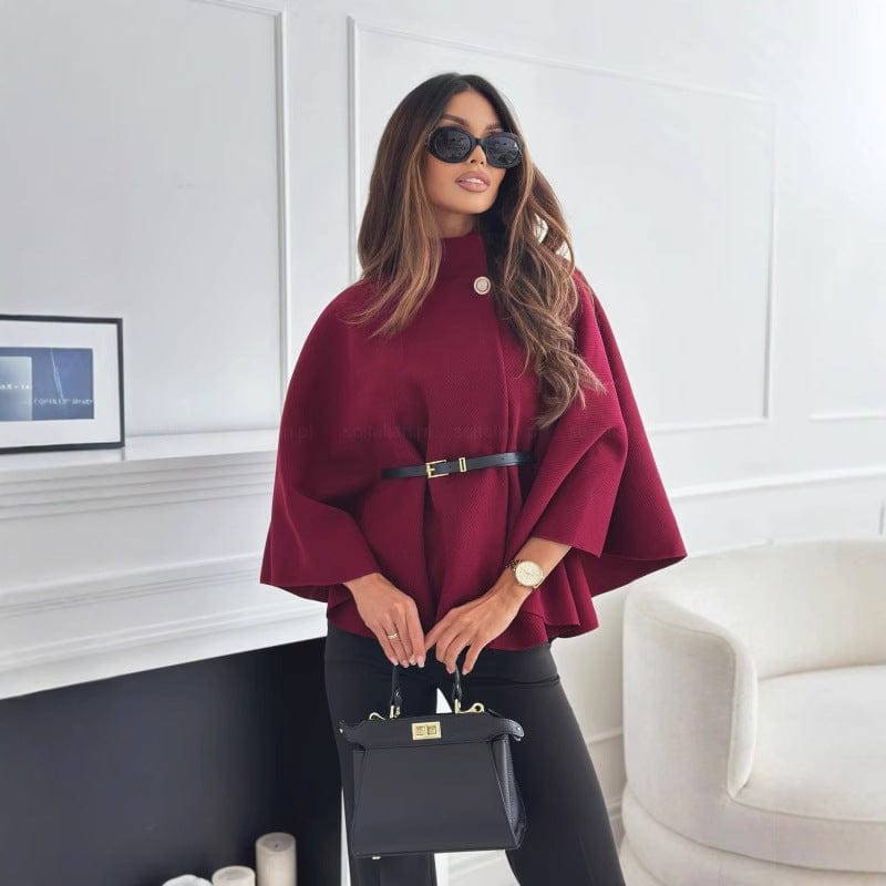 Women's Cape — High Collar Asymmetric Cut Waist Belt Design - Hudson Harper - Women Coat