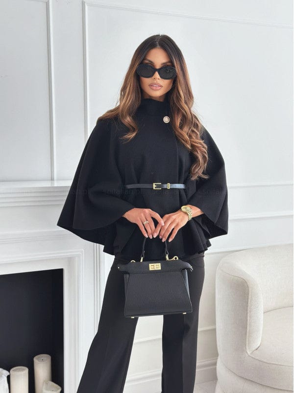 Women's Cape — High Collar Asymmetric Cut Waist Belt Design - Hudson Harper - Women Coat