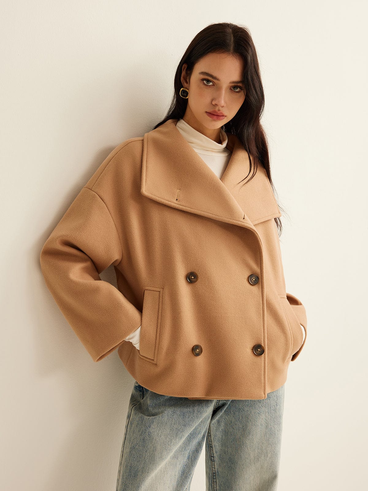Women's Coat — Cropped Length Loose Fit Double Button Closure - Hudson Harper - Women Coat