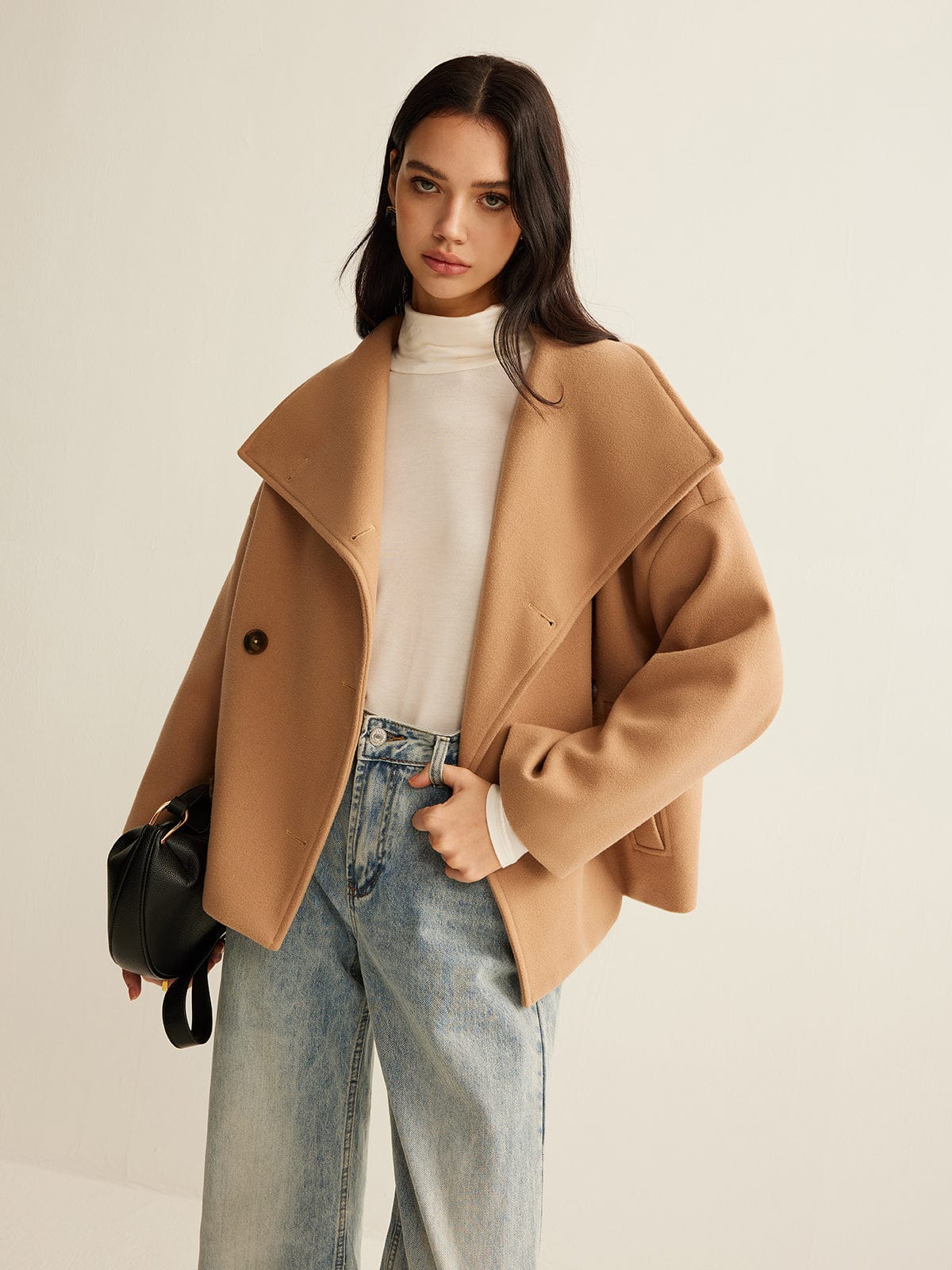 Women's Coat — Cropped Length Loose Fit Double Button Closure - Hudson Harper - Women Coat