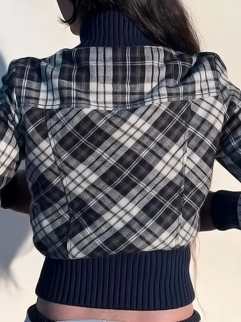 Women's Cropped Jacket — Checked Pattern High Collar Elastic Cuffs - Hudson Harper - Women Jacket