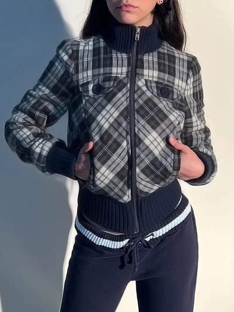 Women's Cropped Jacket — Checked Pattern High Collar Elastic Cuffs - Hudson Harper - Women Jacket