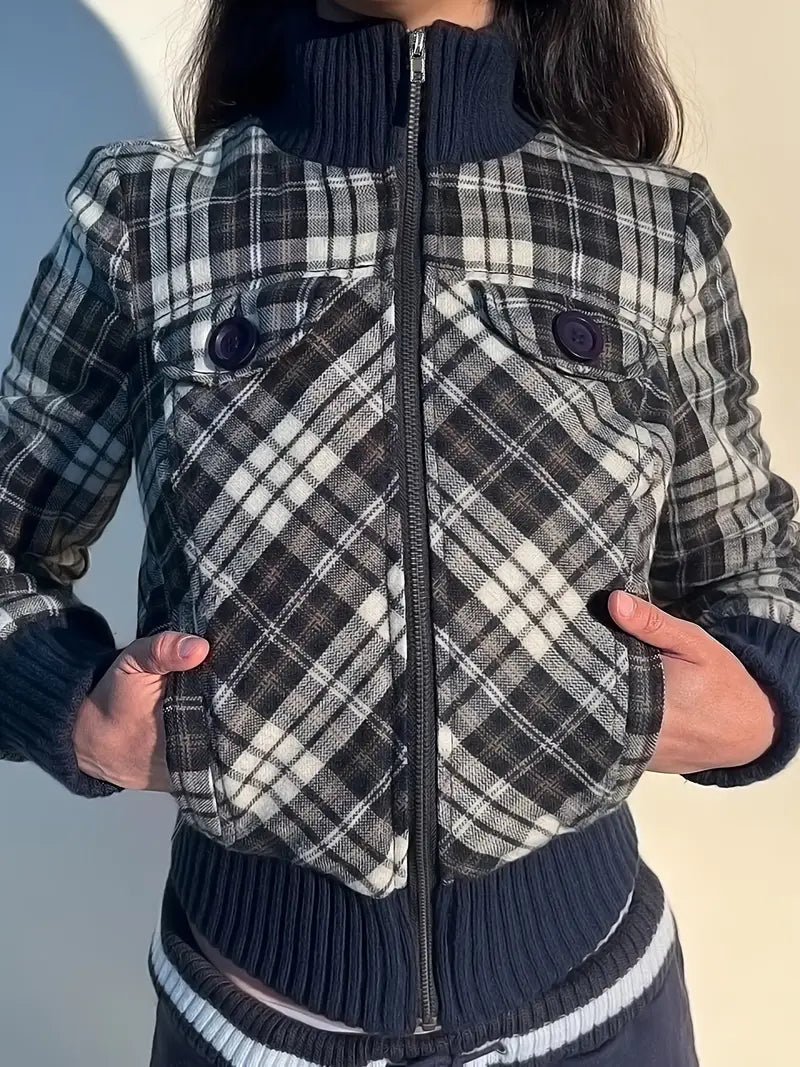 Women's Cropped Jacket — Checked Pattern High Collar Elastic Cuffs - Hudson Harper - Women Jacket