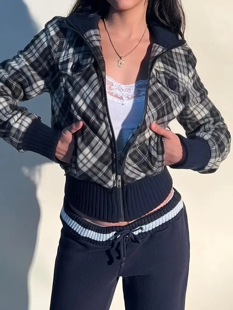 Women's Cropped Jacket — Checked Pattern High Collar Elastic Cuffs - Hudson Harper - Women Jacket