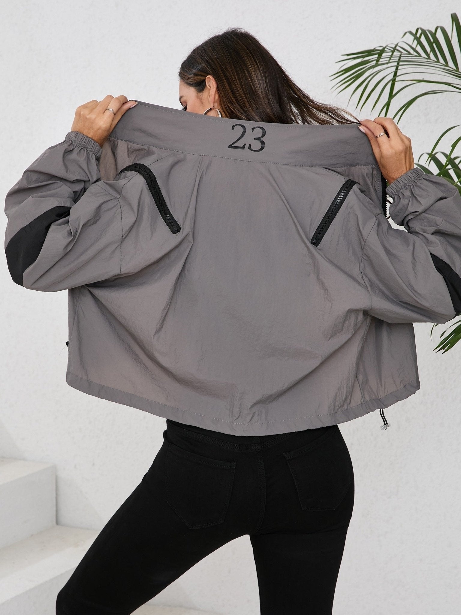 Women's Cropped Jacket Women's Cropped Windbreaker Jacket — Striped Front Zipper Design— Loose Fit Front Button Closure - Hudson Harper - Women Jacket