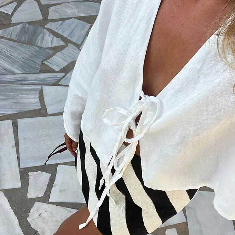 Women's Cropped Top — Tie Front Closure Billowy Sleeves - Hudson Harper - Women Top