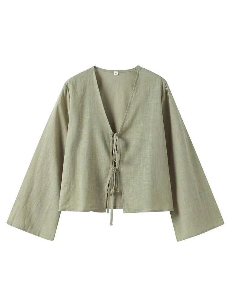 Women's Cropped Top — Tie Front Closure Billowy Sleeves - Hudson Harper - Women Top