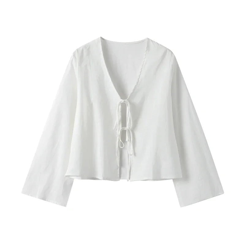 Women's Cropped Top — Tie Front Closure Billowy Sleeves - Hudson Harper - Women Top