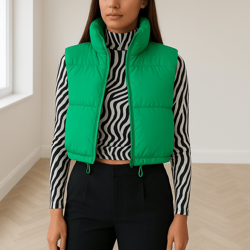 Women's Cropped Vest — Sleeveless High Collar Zipper Puffer - Hudson Harper - Women Vest