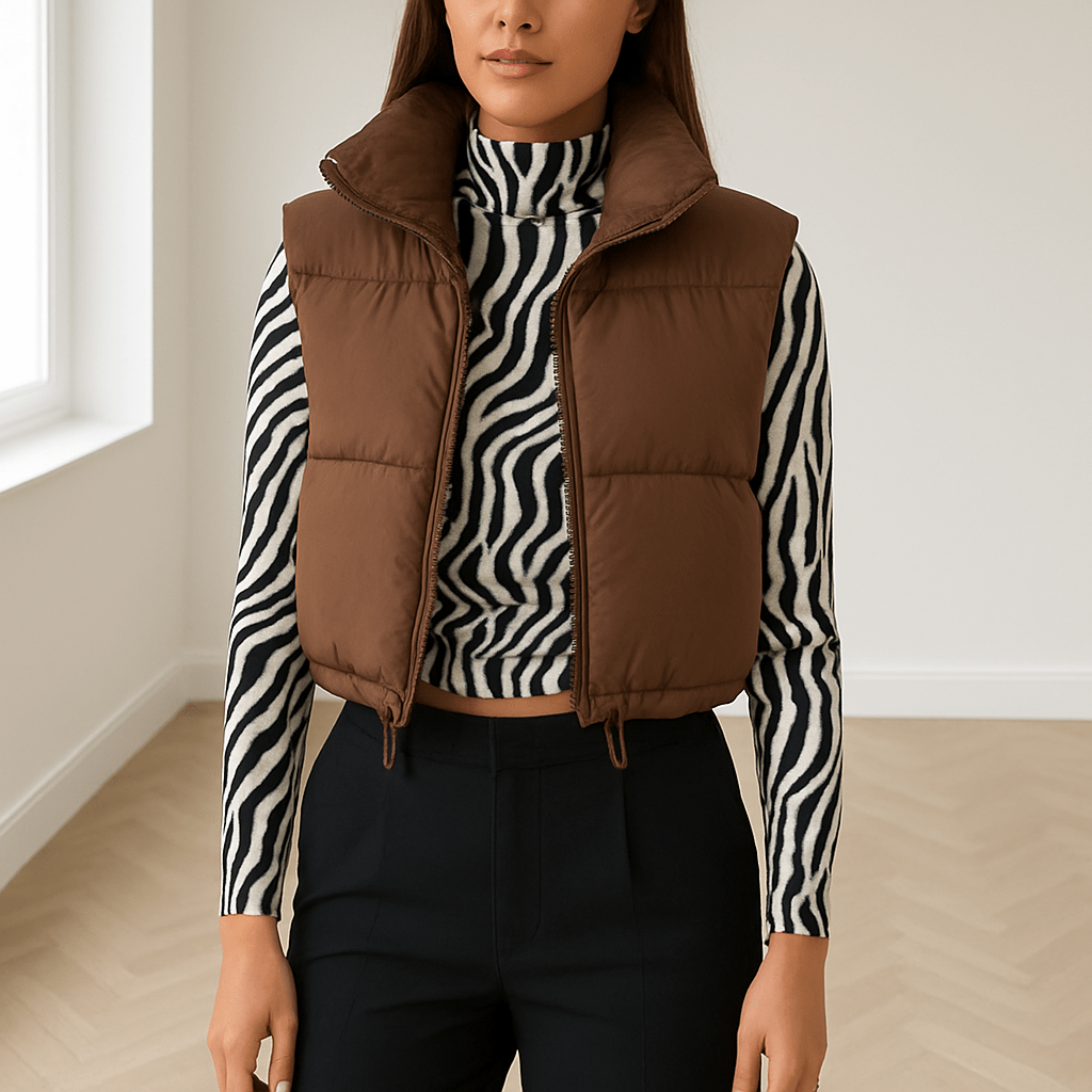 Women's Cropped Vest — Sleeveless High Collar Zipper Puffer - Hudson Harper - Women Vest
