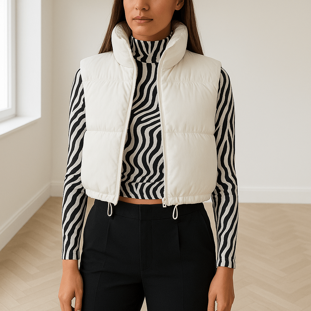 Women's Cropped Vest — Sleeveless High Collar Zipper Puffer - Hudson Harper - Women Vest