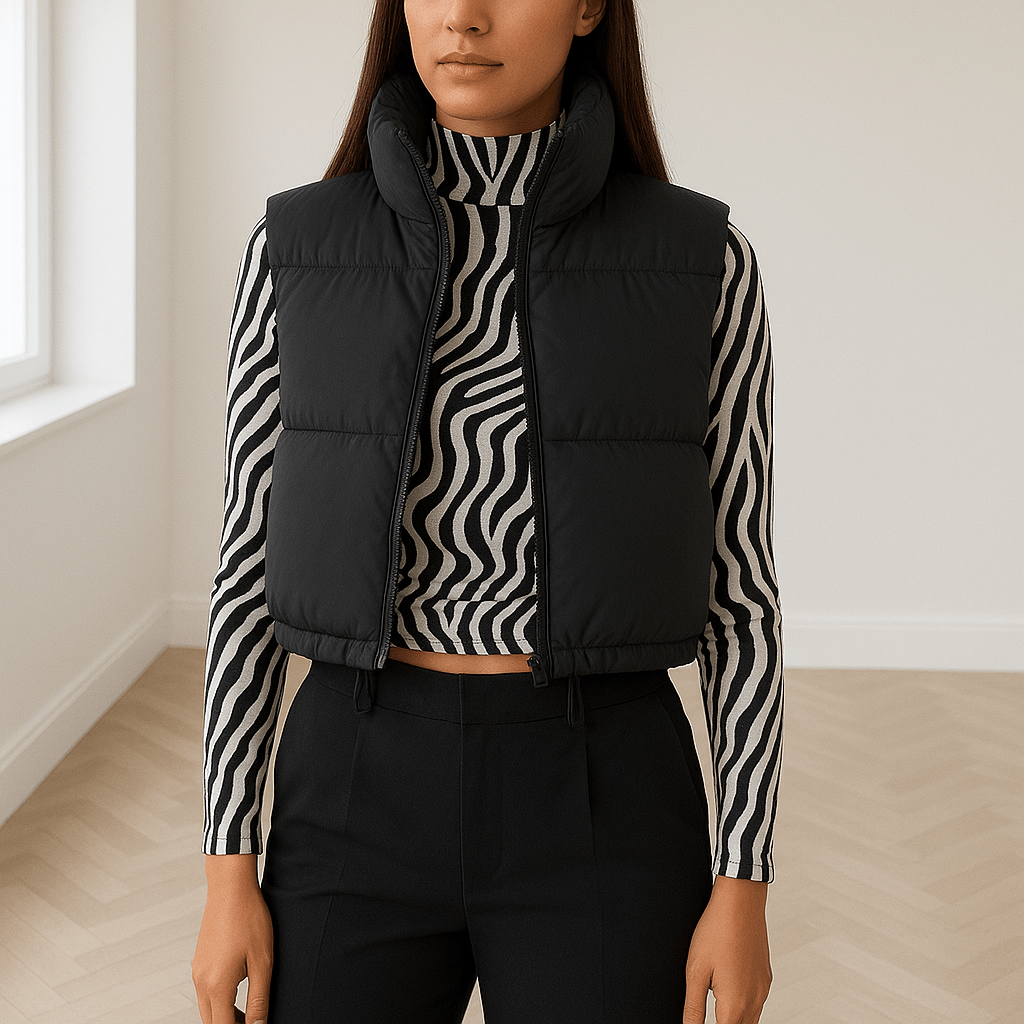 Women's Cropped Vest — Sleeveless High Collar Zipper Puffer - Hudson Harper - Women Vest