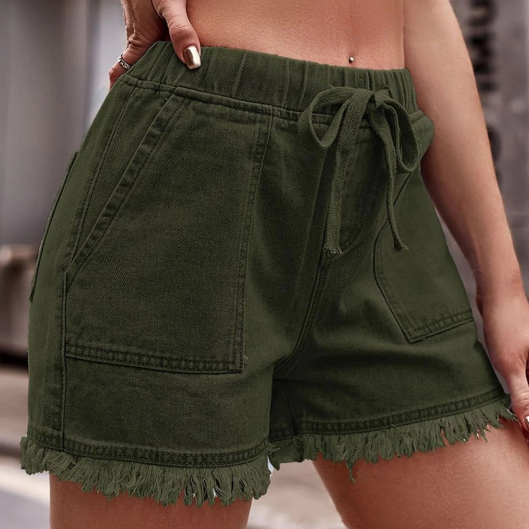 Women's Denim Shorts — Elastic Waist Drawstring Fringe Hem Pockets - Hudson Harper - Women Short