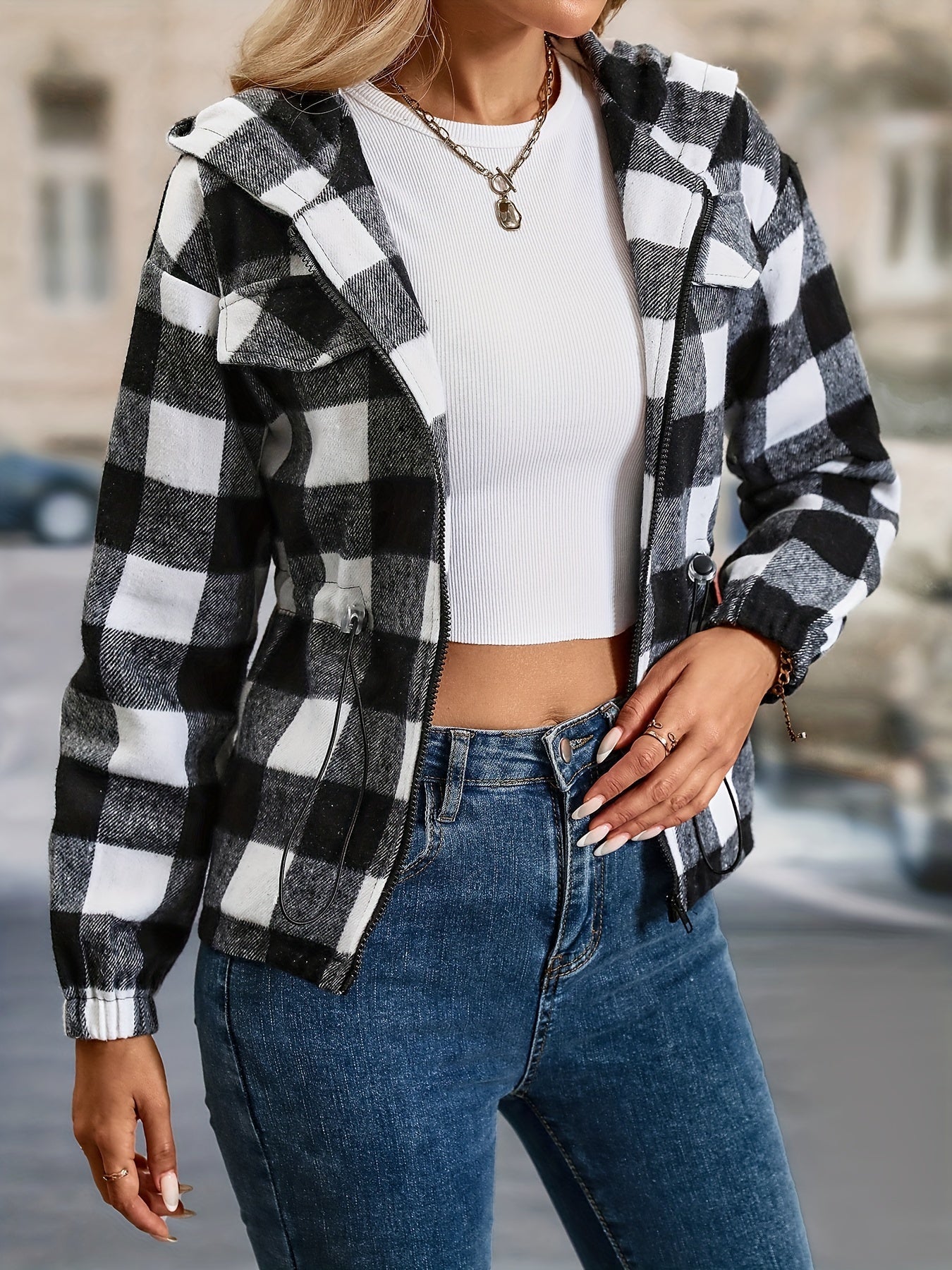 Women's Jacket — Checked Pattern Hooded Zipper Closure - Hudson Harper - Women Jacket