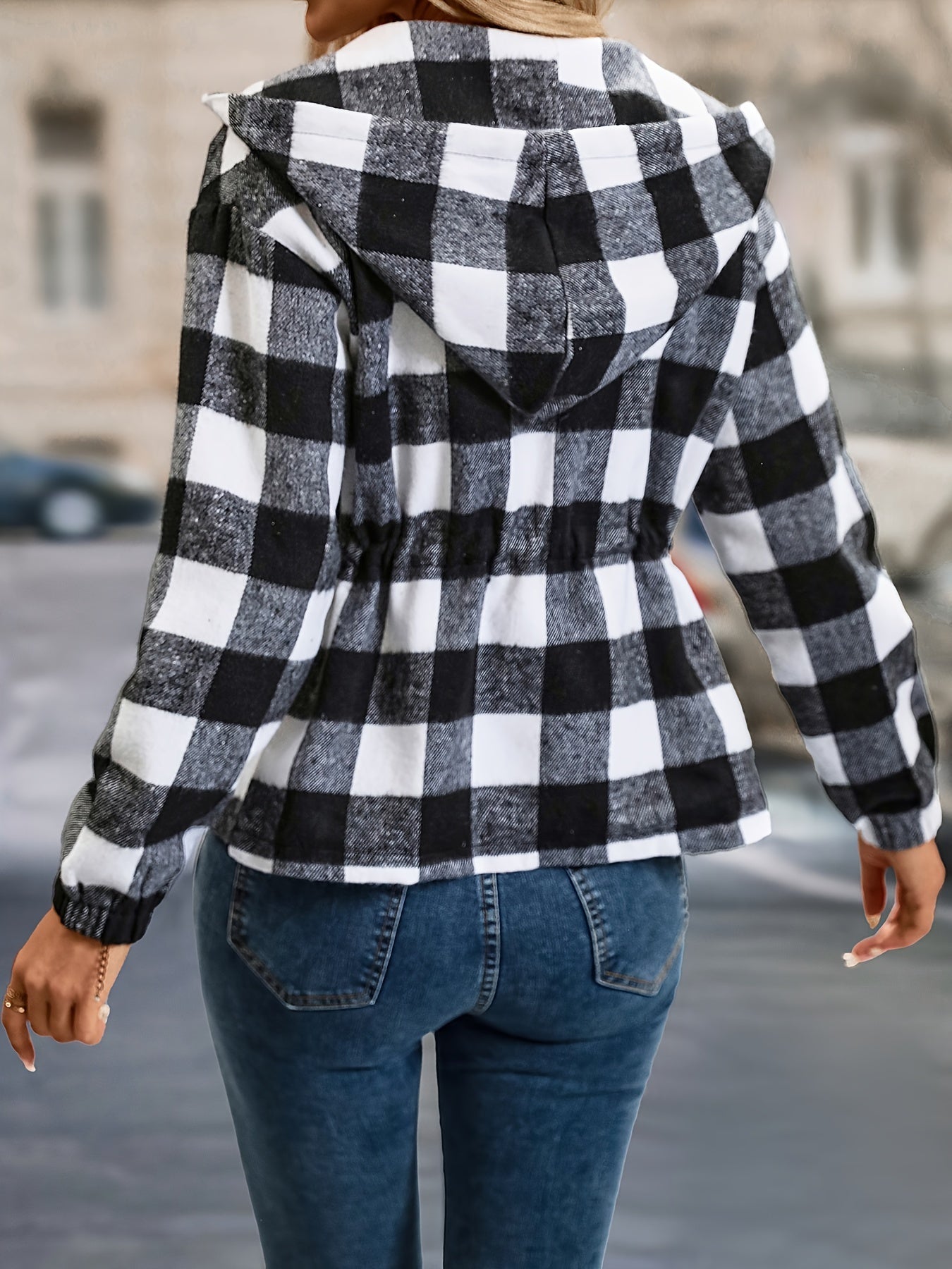 Women's Jacket — Checked Pattern Hooded Zipper Closure - Hudson Harper - Women Jacket
