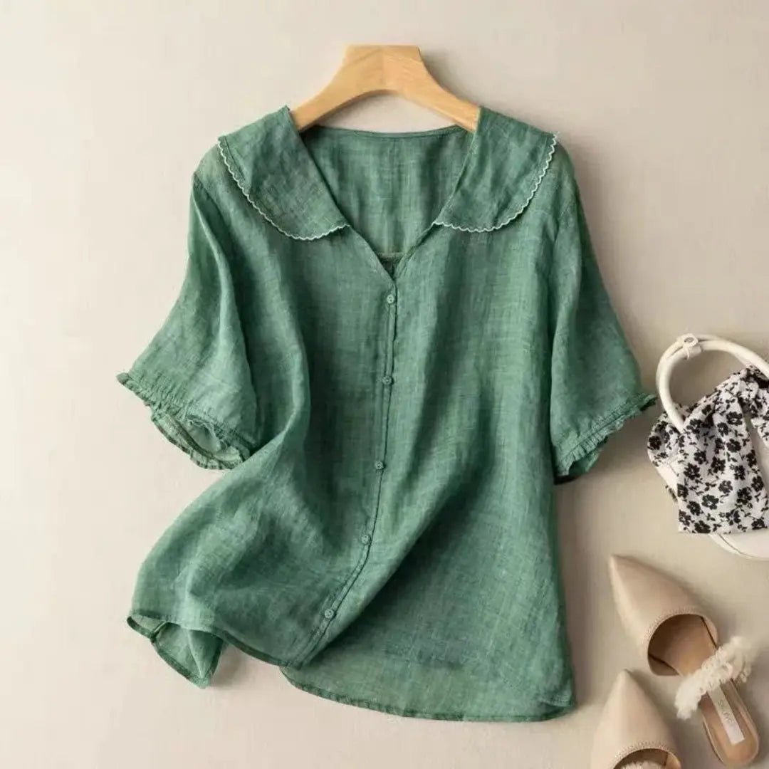 Women's Linen Blouse - Relaxed Fit V - Neck Wavy Hem Detail - Hudson Harper - Women Blouse