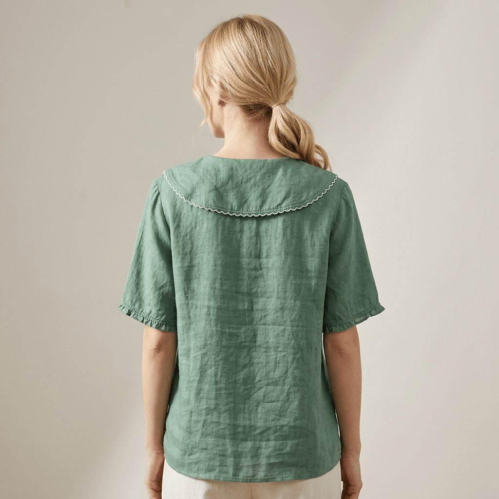 Women's Linen Blouse - Relaxed Fit V - Neck Wavy Hem Detail - Hudson Harper - Women Blouse