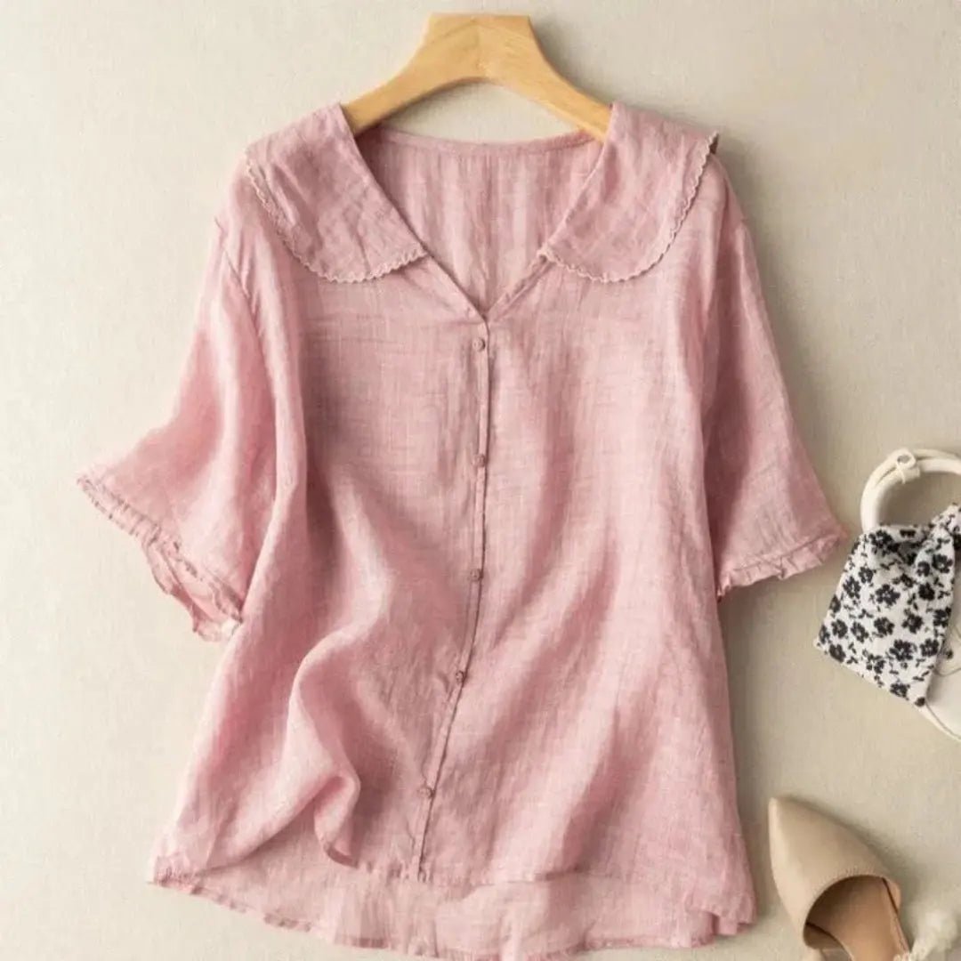 Women's Linen Blouse - Relaxed Fit V - Neck Wavy Hem Detail - Hudson Harper - Women Blouse