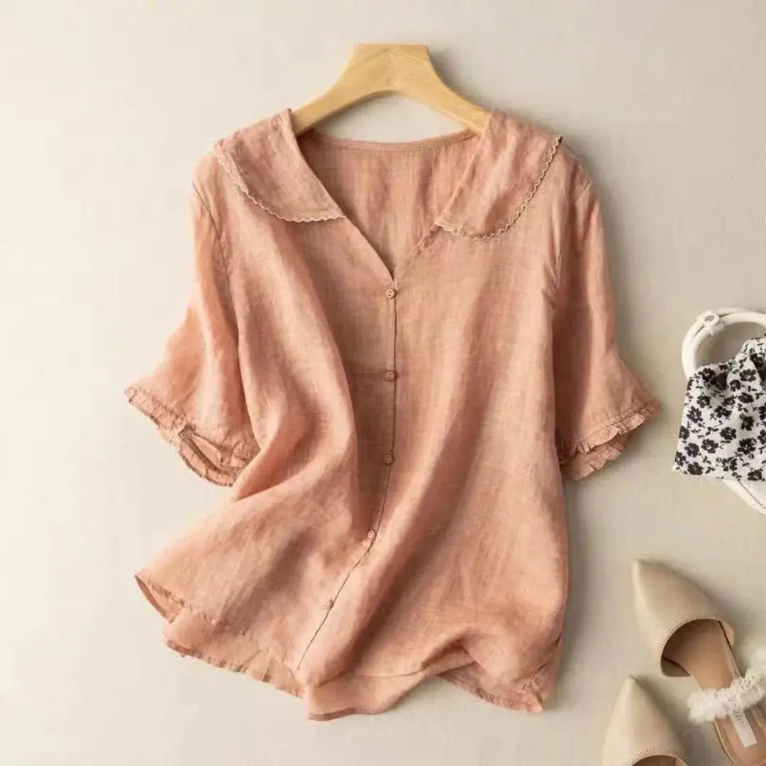 Women's Linen Blouse - Relaxed Fit V - Neck Wavy Hem Detail - Hudson Harper - Women Blouse