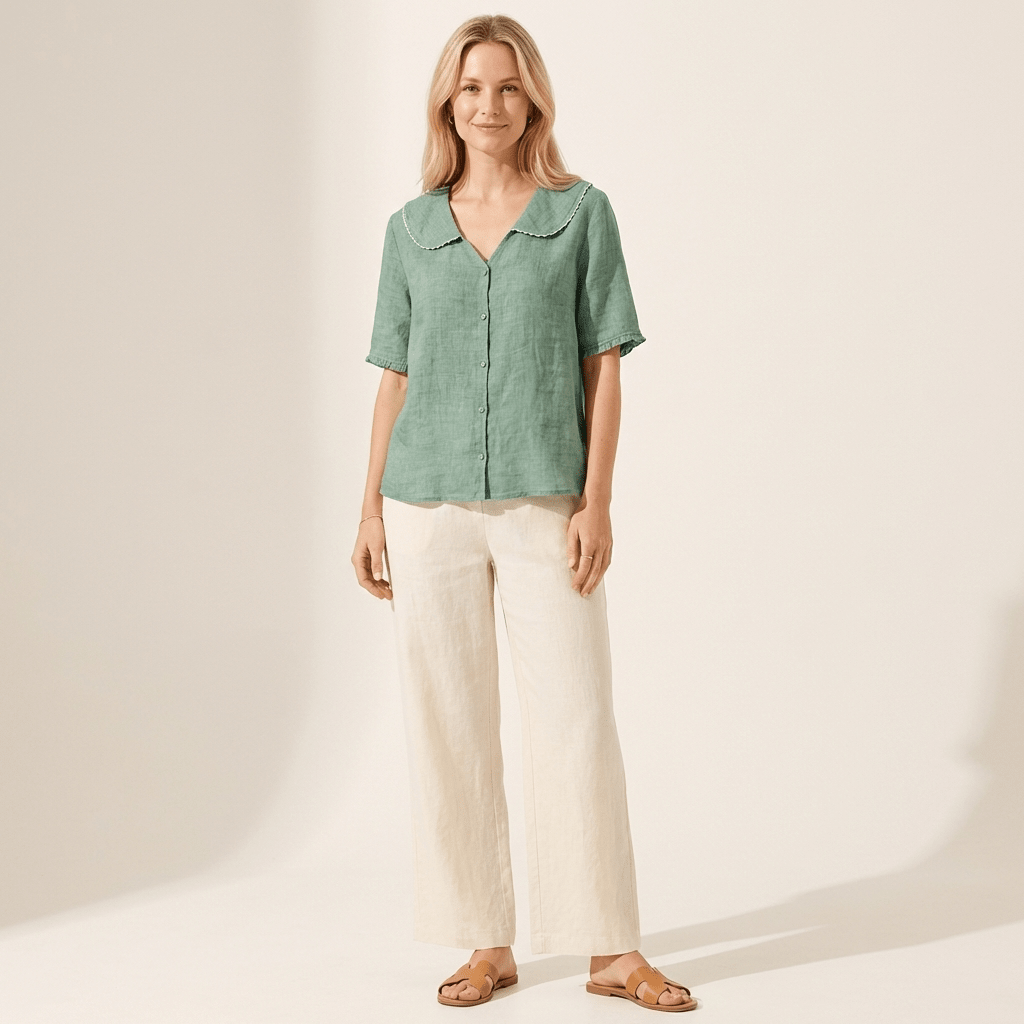 Women's Linen Blouse - Relaxed Fit V - Neck Wavy Hem Detail - Hudson Harper - Women Blouse