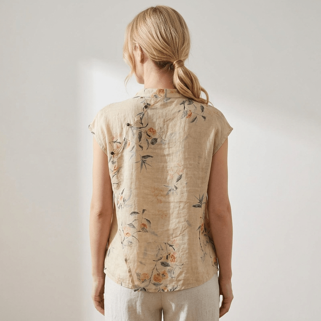 Women's Linen Blouse - Sleeveless Mandarin Collar Button Placket - Hudson Harper - Women Blouse