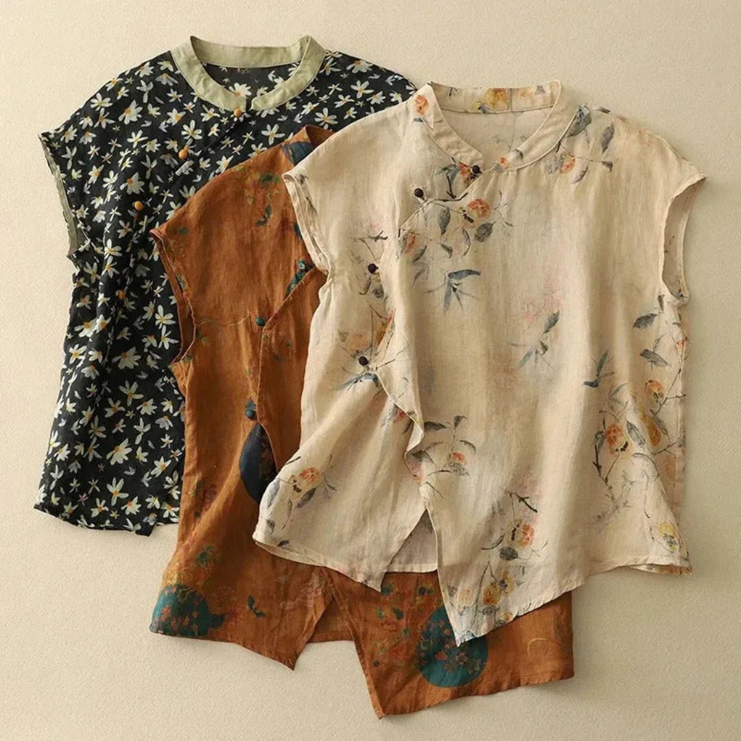Women's Linen Blouse - Sleeveless Mandarin Collar Button Placket - Hudson Harper - Women Blouse