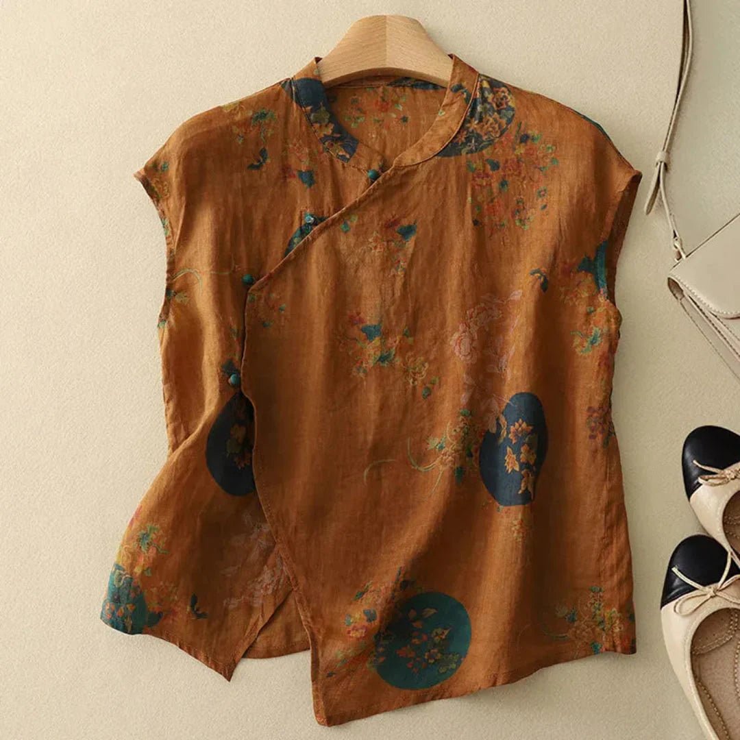 Women's Linen Blouse - Sleeveless Mandarin Collar Button Placket - Hudson Harper - Women Blouse