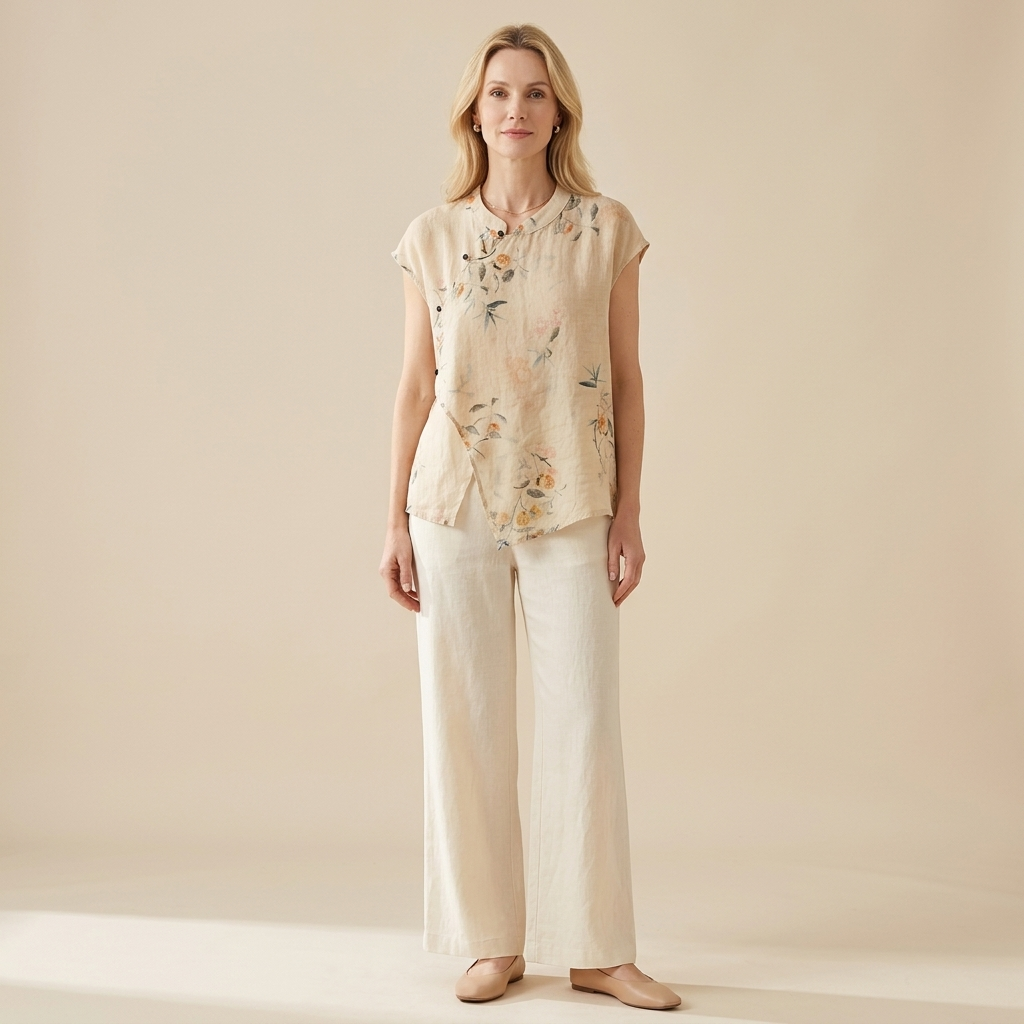 Women's Linen Blouse - Sleeveless Mandarin Collar Button Placket
