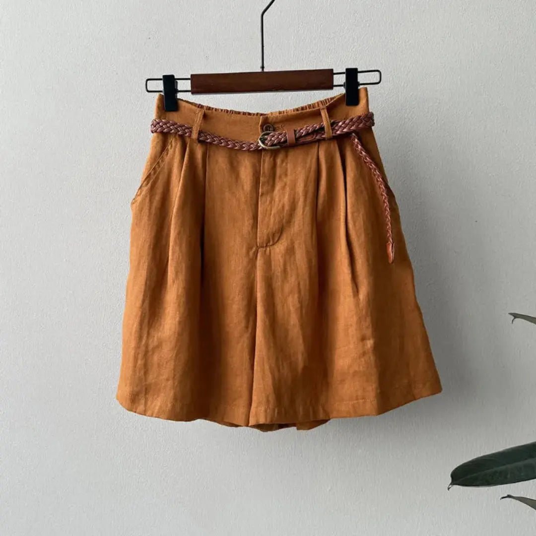 Women's Linen High Waist Pleated Shorts - Elastic Waistband - Hudson Harper - Women Short