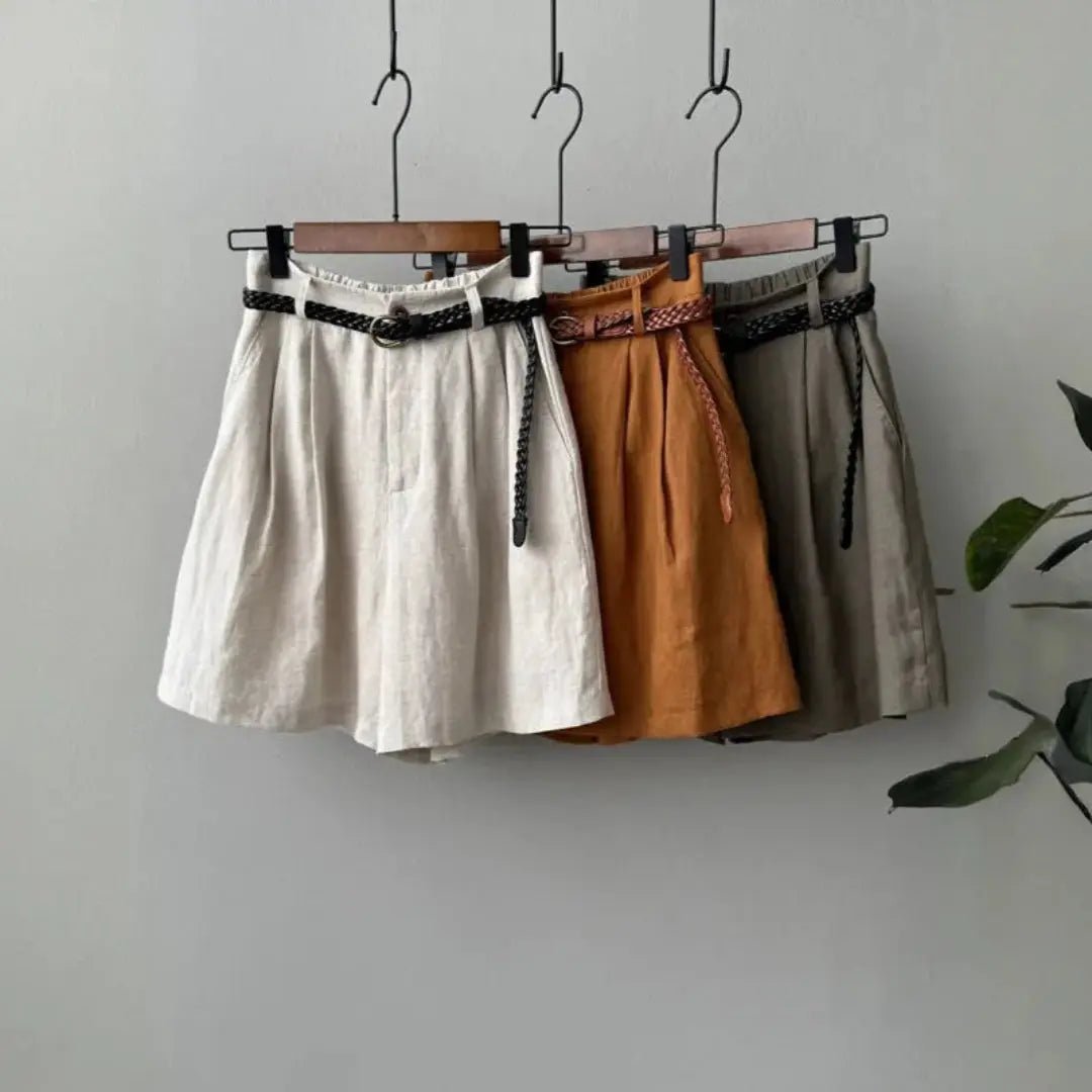 Women's Linen High Waist Pleated Shorts - Elastic Waistband - Hudson Harper - Women Short