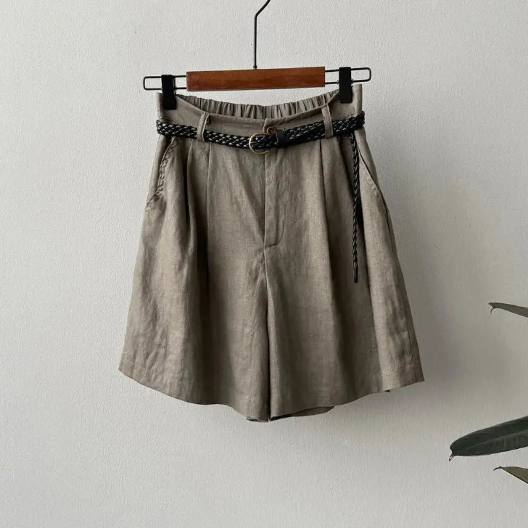 Women's Linen High Waist Pleated Shorts - Elastic Waistband - Hudson Harper - Women Short
