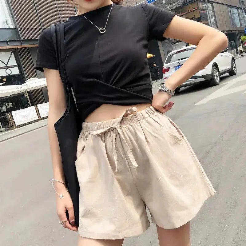 Women's Linen High Waist Shorts - Drawstring Closure Relaxed Fit - Hudson Harper - Women Short