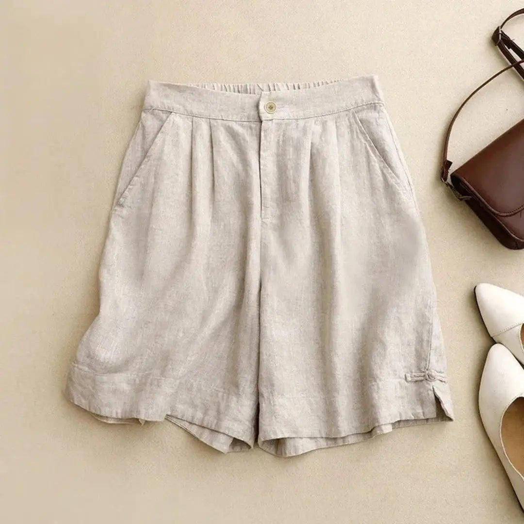 Women's Linen High Waist Shorts - Loose Fit Button Closure - Hudson Harper - Women Short