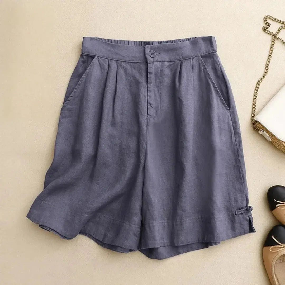 Women's Linen High Waist Shorts - Loose Fit Button Closure - Hudson Harper - Women Short