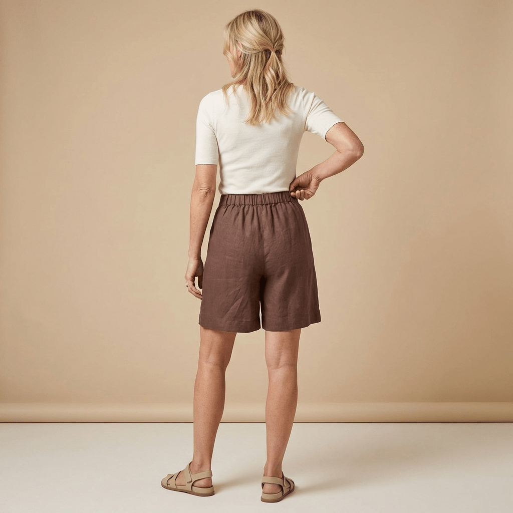 Women's Linen High Waist Shorts - Loose Fit Button Closure - Hudson Harper - Women Short