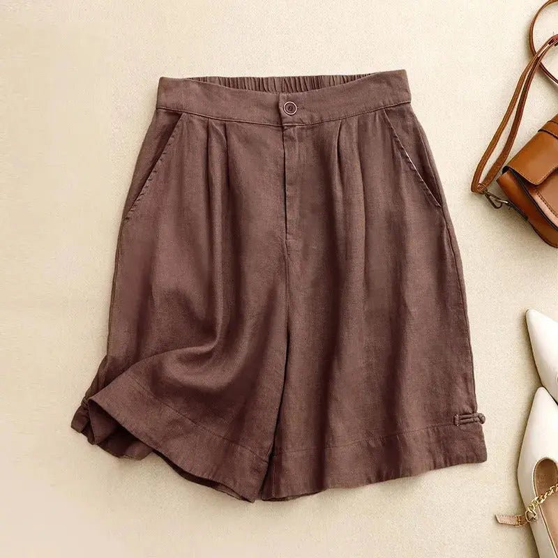 Women's Linen High Waist Shorts - Loose Fit Button Closure - Hudson Harper - Women Short