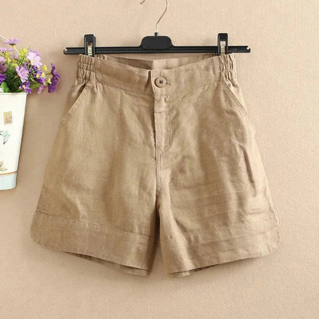 Women's Linen Loose Fit Shorts - Mid Length Button Closure - Hudson Harper - Women Short