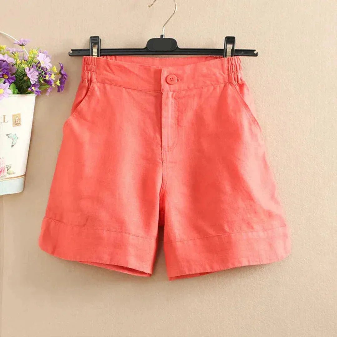 Women's Linen Loose Fit Shorts - Mid Length Button Closure - Hudson Harper - Women Short