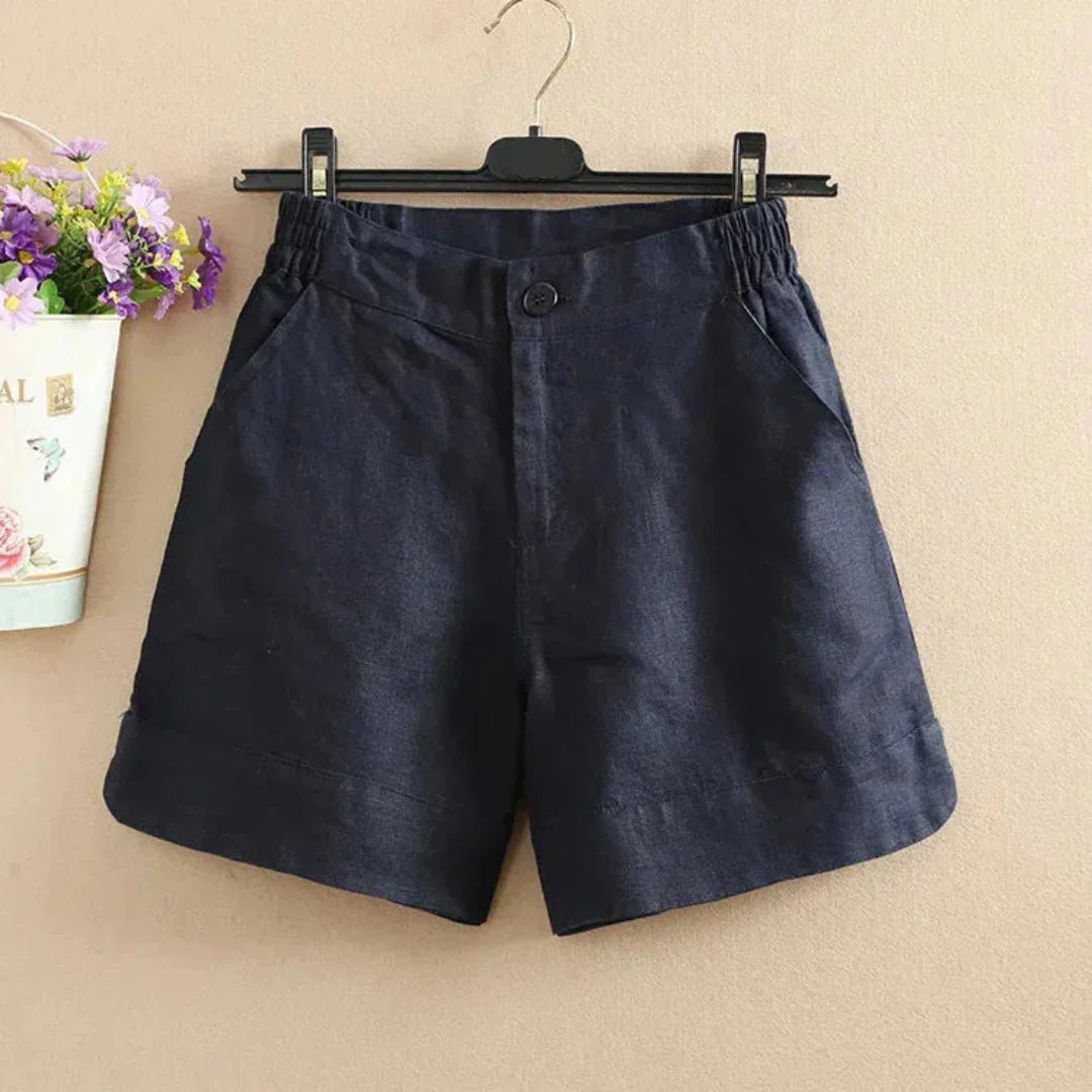 Women's Linen Loose Fit Shorts - Mid Length Button Closure - Hudson Harper - Women Short