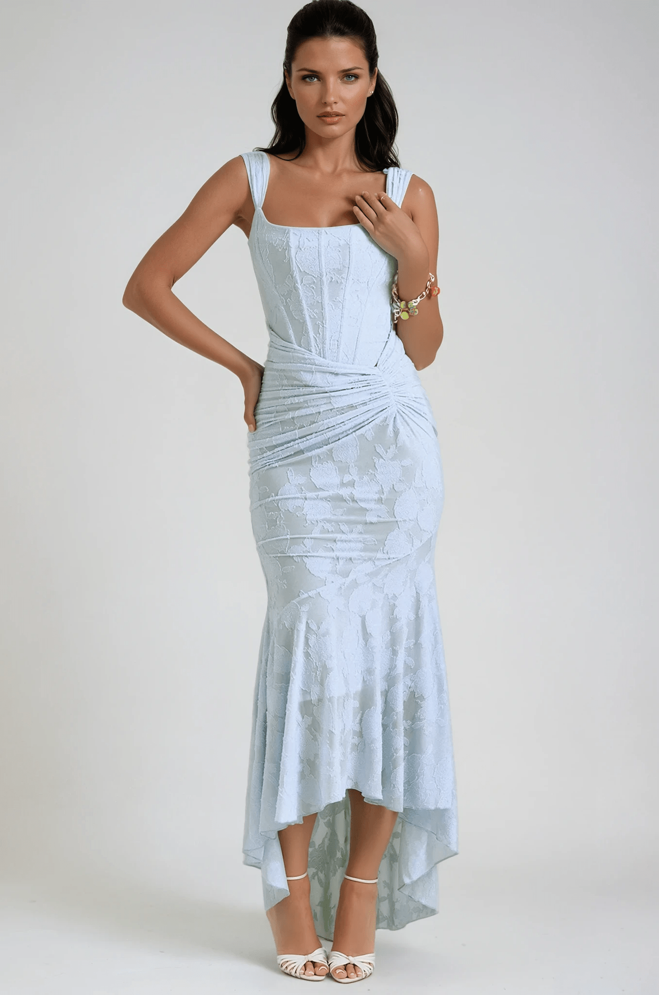 Women's Maxi Dress — Fitted Bodice Ruched Waist High - Low Hem - Hudson Harper - Women Maxi Dress