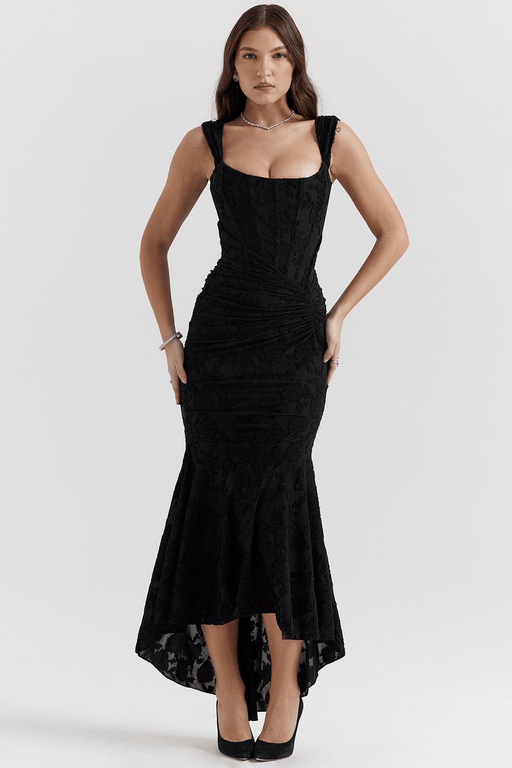 Women's Maxi Dress — Fitted Bodice Ruched Waist High - Low Hem - Hudson Harper - Women Maxi Dress