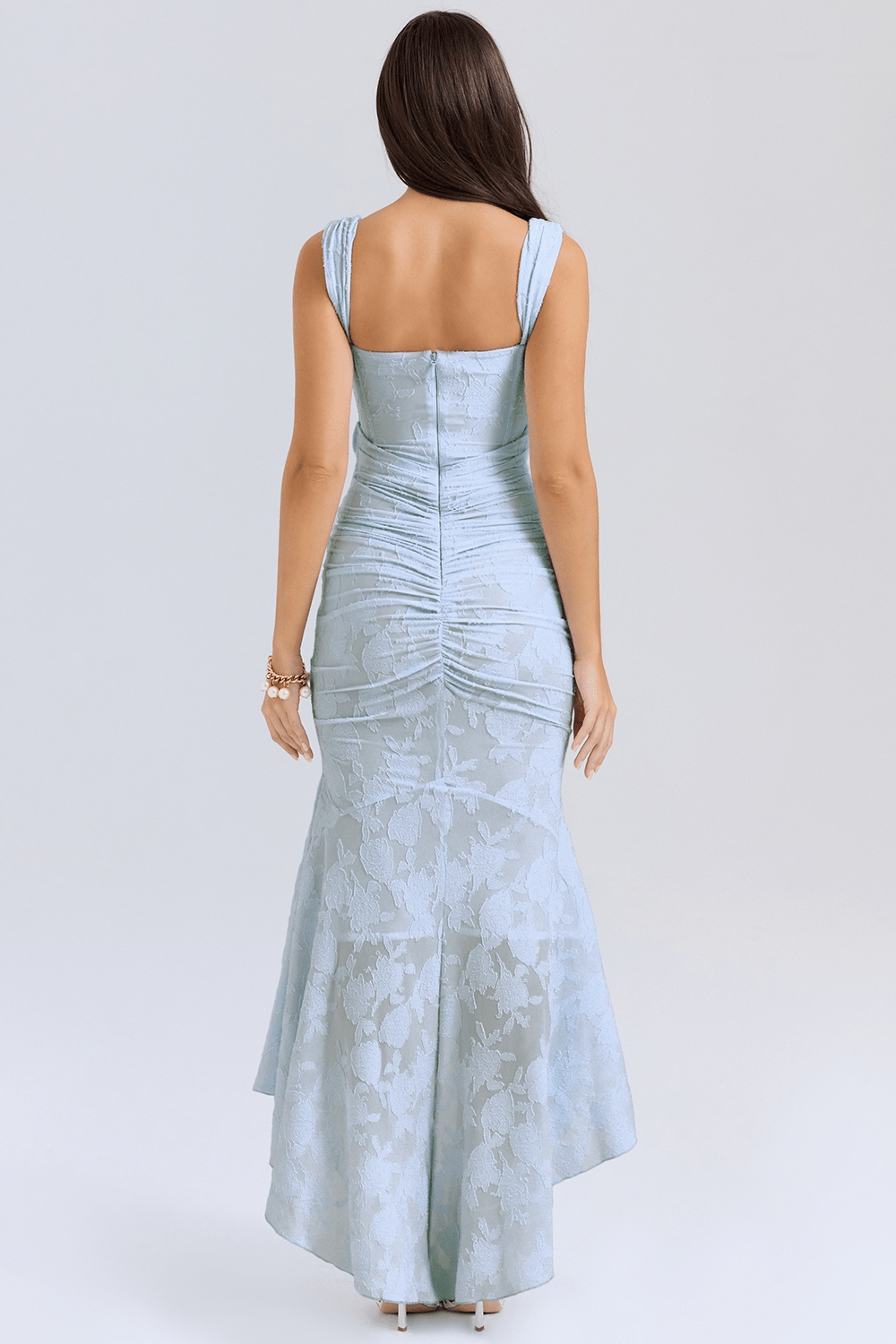 Women's Maxi Dress — Fitted Bodice Ruched Waist High - Low Hem - Hudson Harper - Women Maxi Dress