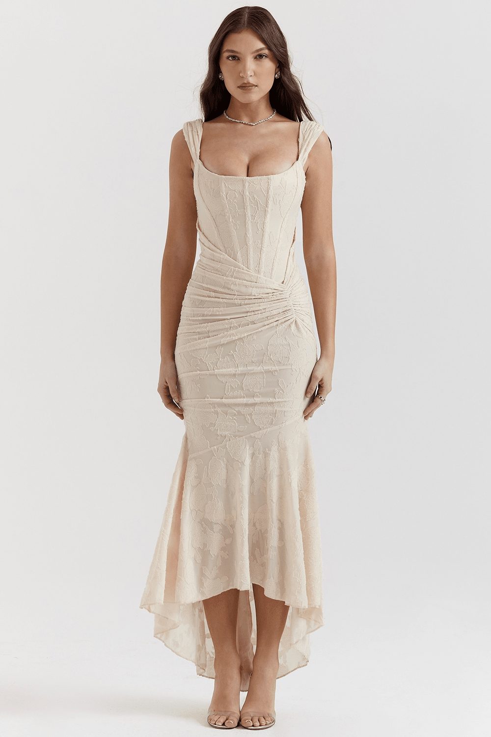 Women's Maxi Dress — Fitted Bodice Ruched Waist High - Low Hem - Hudson Harper - Women Maxi Dress