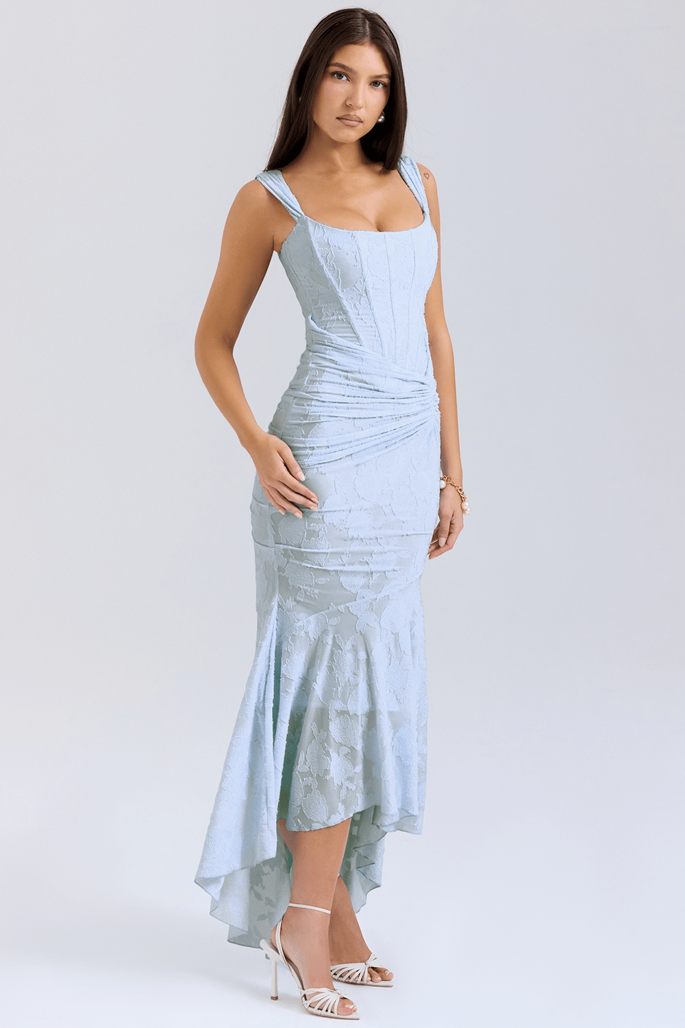 Women's Maxi Dress — Fitted Bodice Ruched Waist High - Low Hem - Hudson Harper - Women Maxi Dress