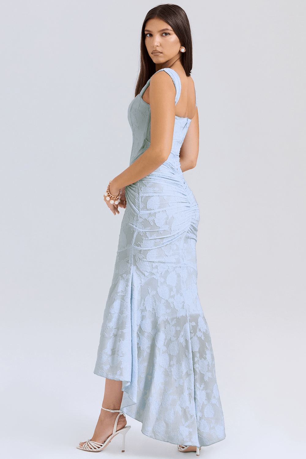 Women's Maxi Dress — Fitted Bodice Ruched Waist High - Low Hem - Hudson Harper - Women Maxi Dress